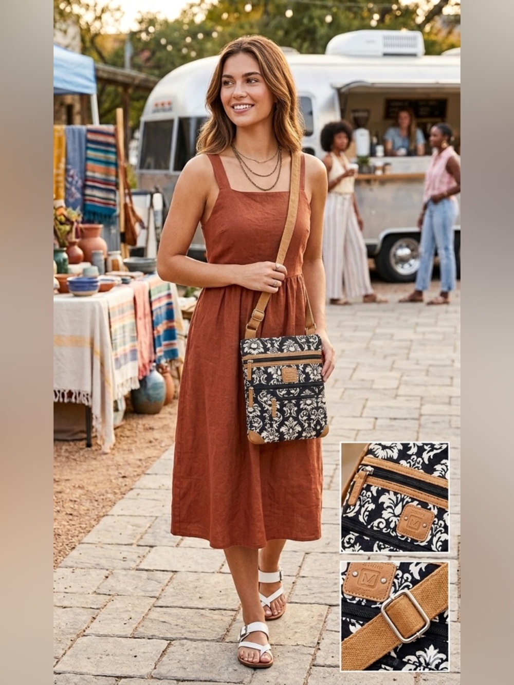 Stone Mountain EUC quilted, cotton Black & White floral print cross body bag.